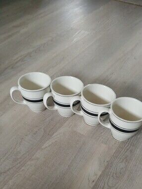 Set of 4 White Ceramic Mugs with Black Stripe